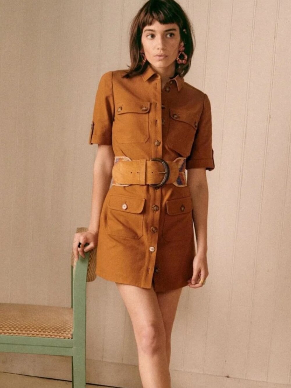 NWT Sezane Jackie in Camel Cotton Belted Mini Shirt Dress 38 / US 6